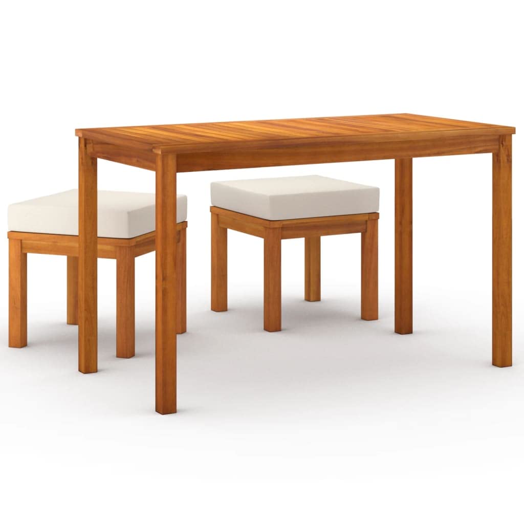 vidaXL 3 Piece Outdoor Patio Dining Set - Solid Acacia Wood with Oil Finish - Includes Table and 2 Stools with Cream Cushions - Ideal for Garden, Terrace, or Patio