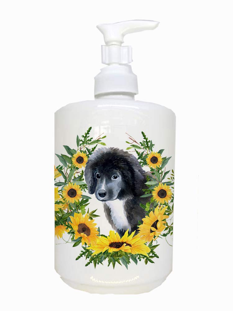 Caroline's Treasures CK2891SOAP Newfoundland Puppy in Sunflowers Ceramic Soap Dispenser Hand Soap Dispenser Pump Bottles for Bat