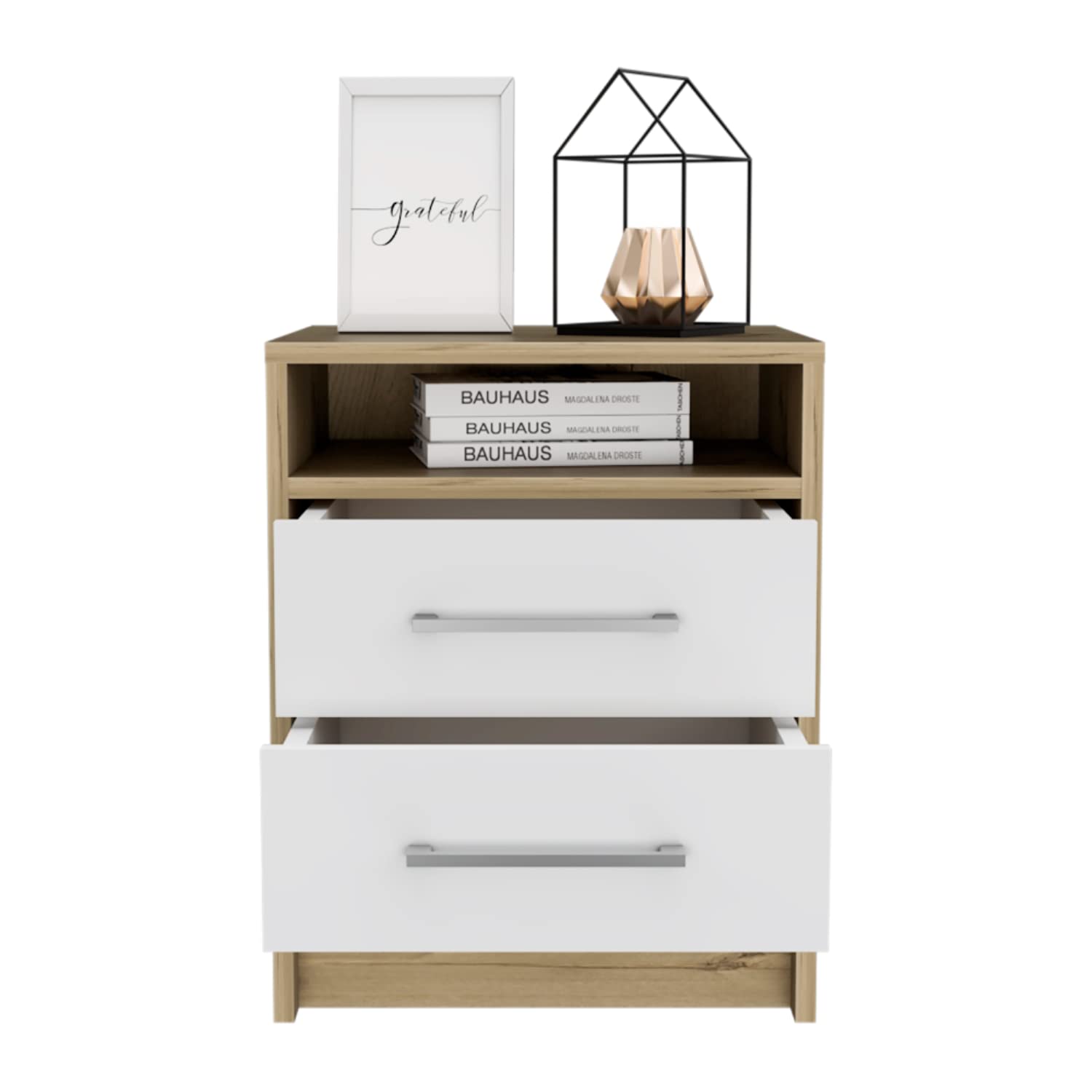 Nightstand 20" H, 2 Drawers, Superior Top, Metal Handles, White/Light Oak