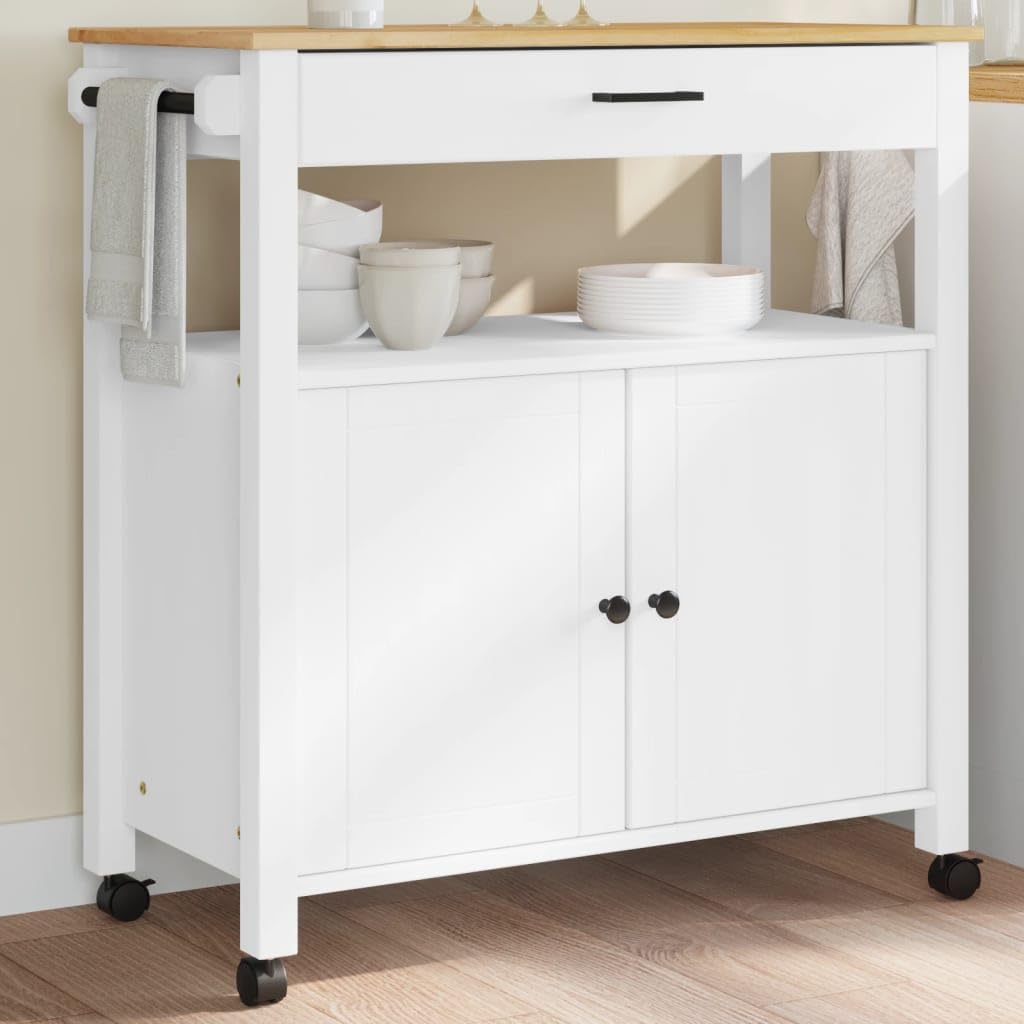 vidaXL Rolling Kitchen Trolley Cart, Solid Pine Wood, White/Honey, 33.1x15.7x35.4, Storage Island with Wheels and Drawer for Utensils