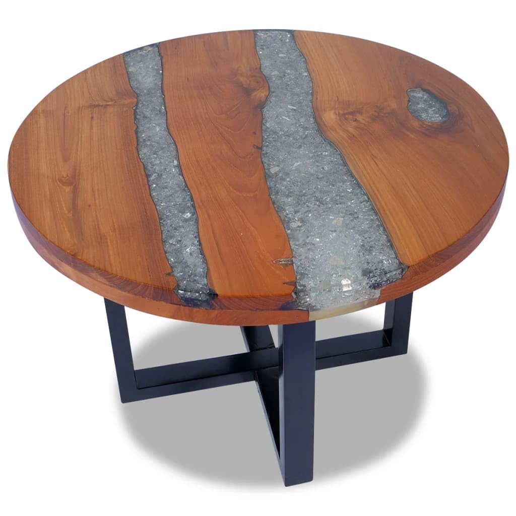 vidaXL Teak Resin Coffee Table - Solid Round Multicolor Tabletop with Clear Lacquer Finish - Urban Industrial Coffee/Low Table - Mango Wood Base