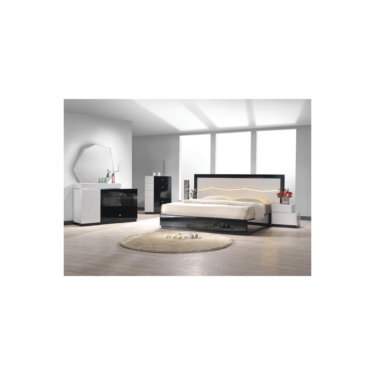 Best Master Furniture Berlin Black And White Lacquer Mdf Bed With Led Headboard Queen