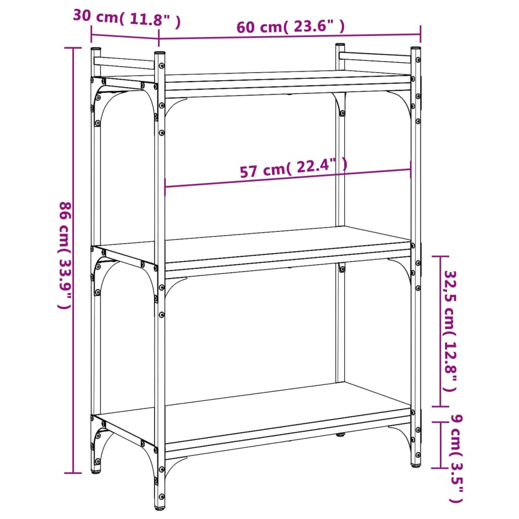 vidaXL 3-Tier Bookcase in Industrial Style- Engineered Wood and Metal Black Bookshelf with Adjustable Feet- Book Organizer for Home/Office