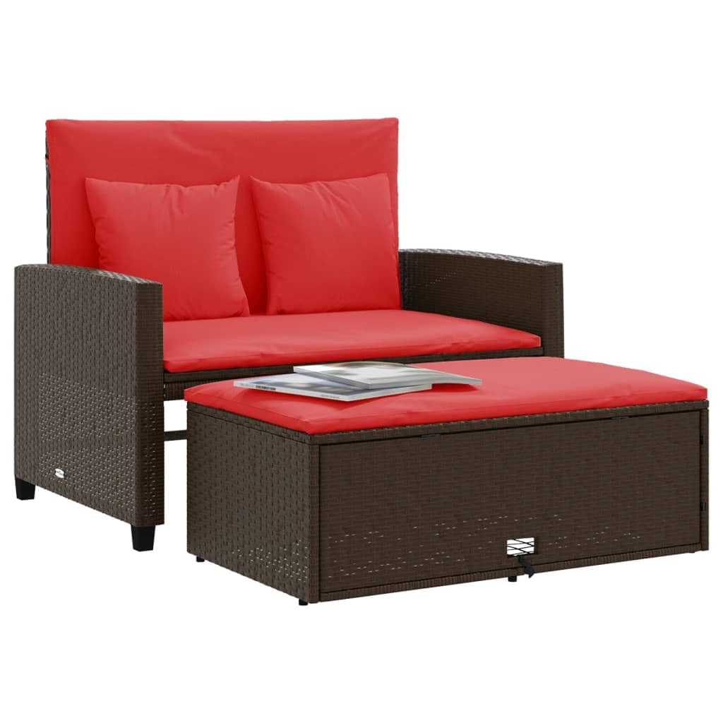 vidaXL Patio Sofa with Cushions 2-Seater Storage Garden Bench Poly Rattan Reclining Sofa Bed Brown with Footstool - Outdoor Seating for Garden, Patio, Deck