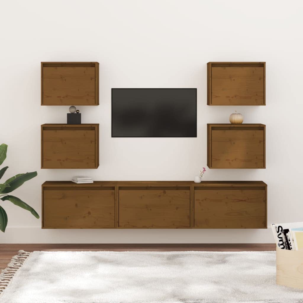 vidaXL TV Stand 7 Pcs, Wall Mounted Entertainment Center TV Console with Storage, Floating TV Stand for Living Room, Honey Brown Solid Wood Pine