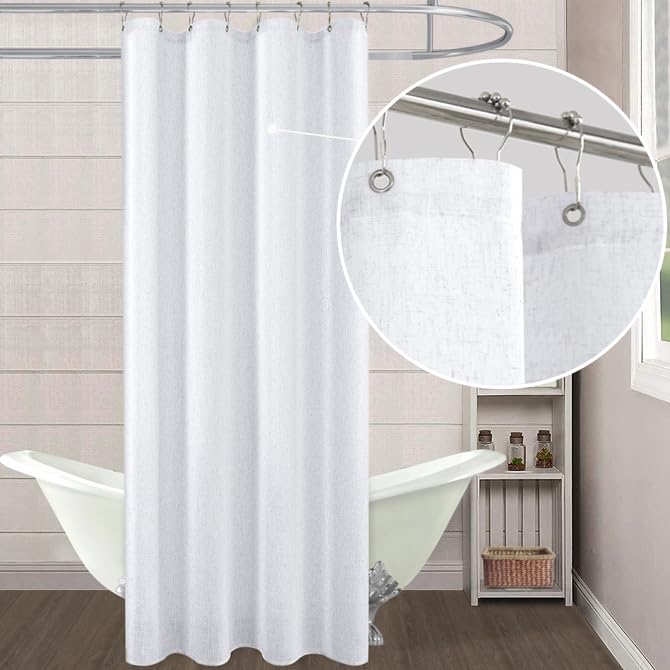Koufall White Waterproof Linen Fabric Shower Curtain For Bathroom 48X72 Inches Long