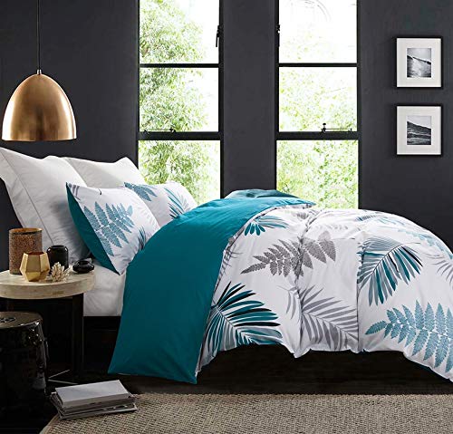 Duvet Cover Set, 600 Thread Count Cotton White Leaf Floral Pattern Print Reversible Comforter Cover Set (King, Peacock Blue-Leaf