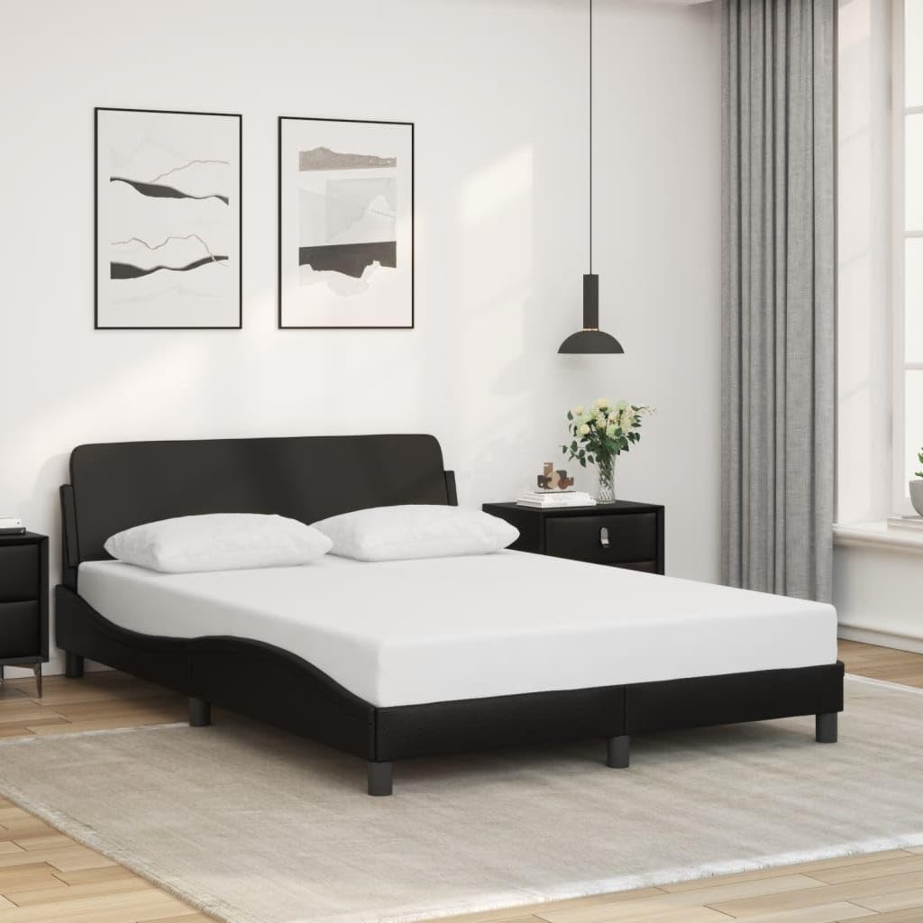 vidaXL Elegant Double Bed Frame with Headboard - Black Faux Leather/Metal/Pine Wood Bedroom Furniture, 81.9"x55.9", Supports and Plywood Slats