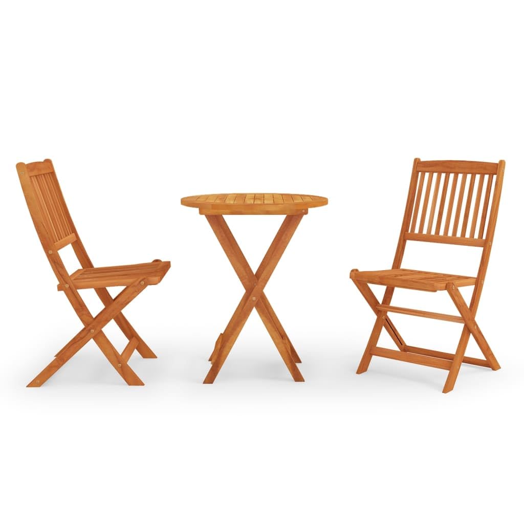 vidaXL Outdoor Patio Dining Set with Foldable Table and Chairs, 3-Piece, Solid Eucalyptus Wood, Round Table with Parasol Hole, Rustic Design