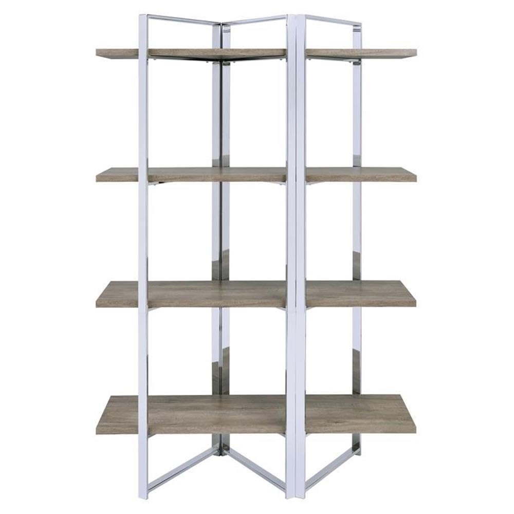 Acme Libby 4 Fixed Wooden Shelves Rectangular Bookshelf in Chrome Metal