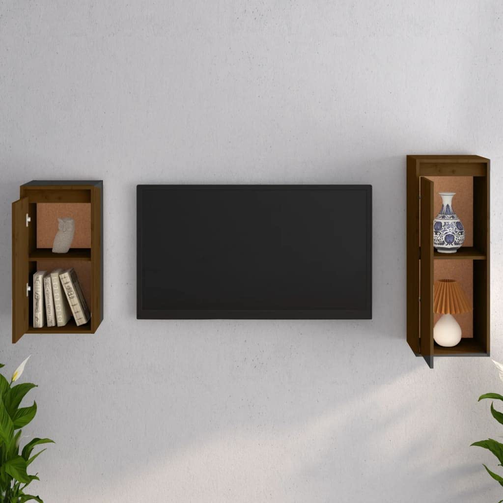vidaXL TV Stand 2 Pcs, Wall Mounted Entertainment Center TV Console with Storage, Floating TV Stand for Living Room, Honey Brown Solid Wood Pine