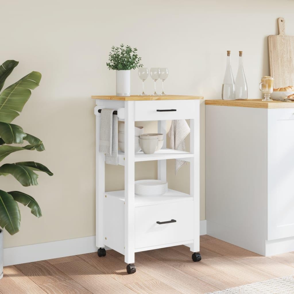 vidaXL Solid Pine Wood Kitchen Trolley - White/Honey Wax Finish, 2-Drawer Organizer Cart on Wheels for Kitchen/Living Room, 18.9x15.7x35.4 inch