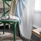 Sutuo Home Boho Curtains 84 Inch For Bedroom Living Room, Semi Blackout Linen Farmhouse Tassels Window Treatment Bohemian Embroidery Drape, Rod Pocket 1 Panel 52' W X 84' L, Green Blue Striped Linen