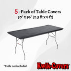 Kwik-Covers Rectangular Plastic Table Covers 8' Bundle Of 5 With Seventy (70) Ohm Commerce Paper Napkins - Indoor Or Outdoor Fitted Table Covers (Table Not Included) (30' X96' Black)