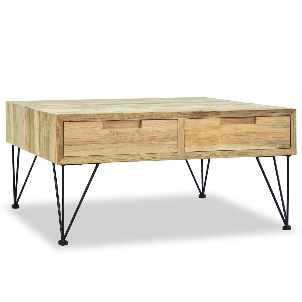 vidaXL Solid Teak Wood Coffee Table - Durable, Rustic-Style, Colonial-Inspired, with Two Storage Drawers and Wrought Iron Legs, Brown, Square