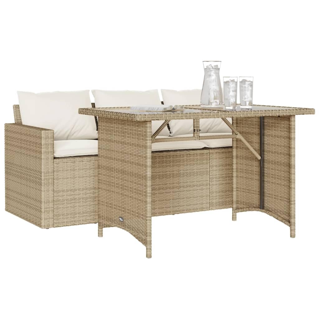 vidaXL Beige Poly Rattan 2-Piece Garden Dining Set - Includes 3-Seater Sofa, Table with Tempered Glass Top, Cream White Cushions