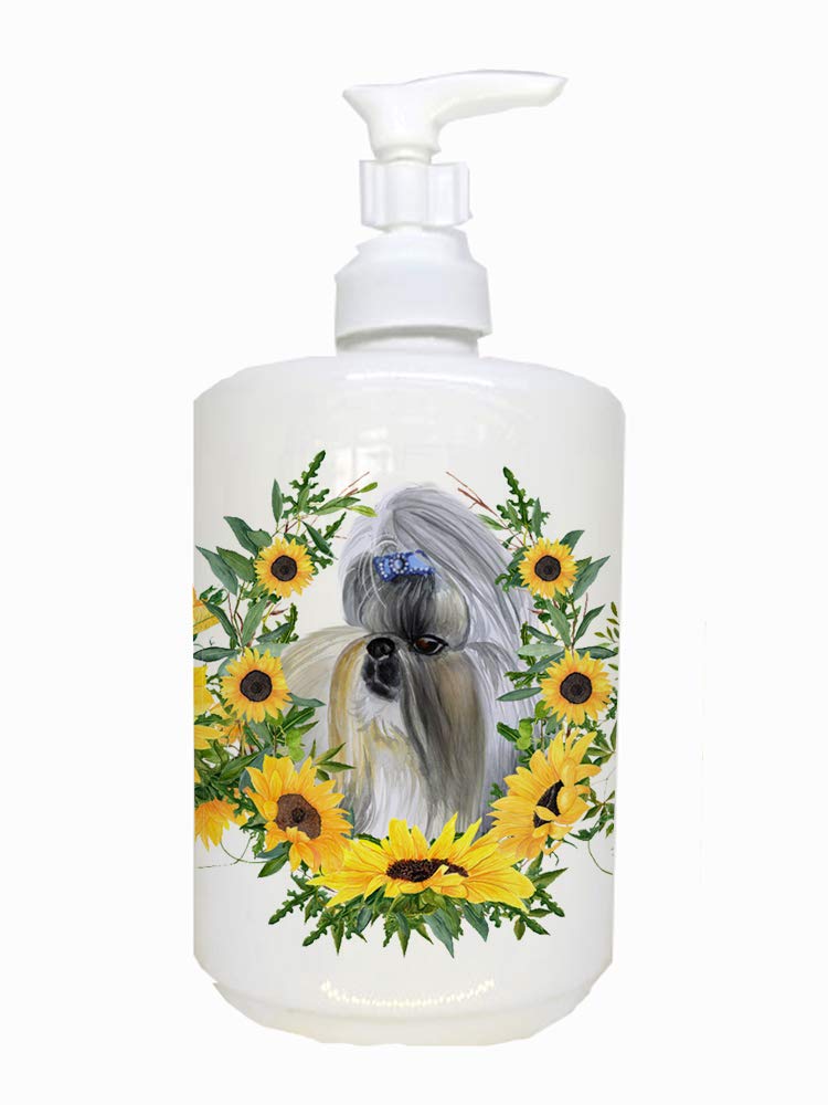 Caroline's Treasures CK2858SOAP Shih Tzu in Sunflowers Ceramic Soap Dispenser Hand Soap Dispenser Pump Bottles for Bathroom Kitc