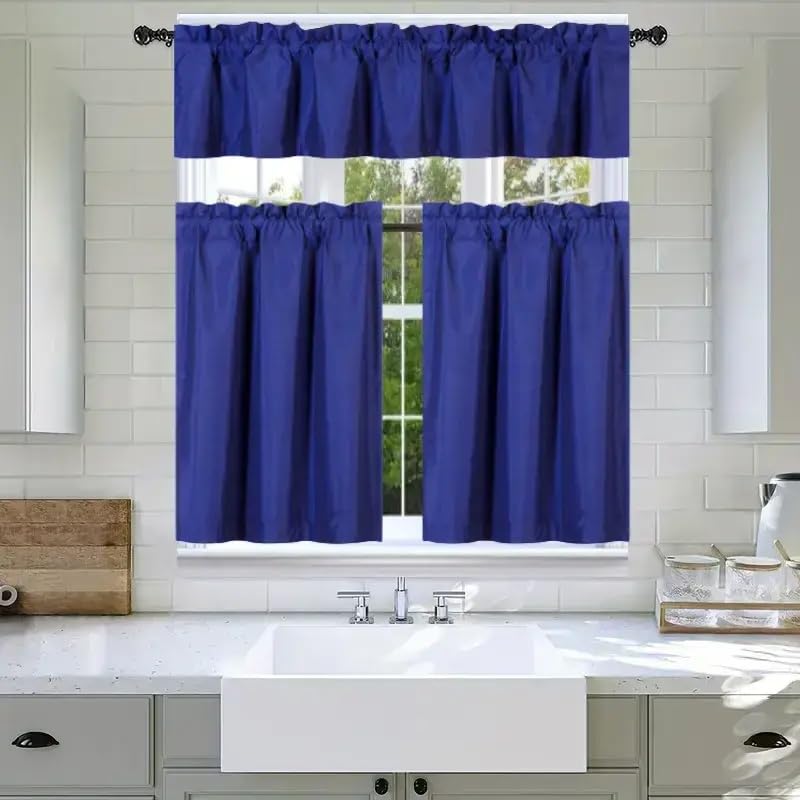 3Pc Set Solid Faux Silk Lined Blackout Rod Pocket Small Kitchen Window Curtain with Valance (K3) (Royal Blue)