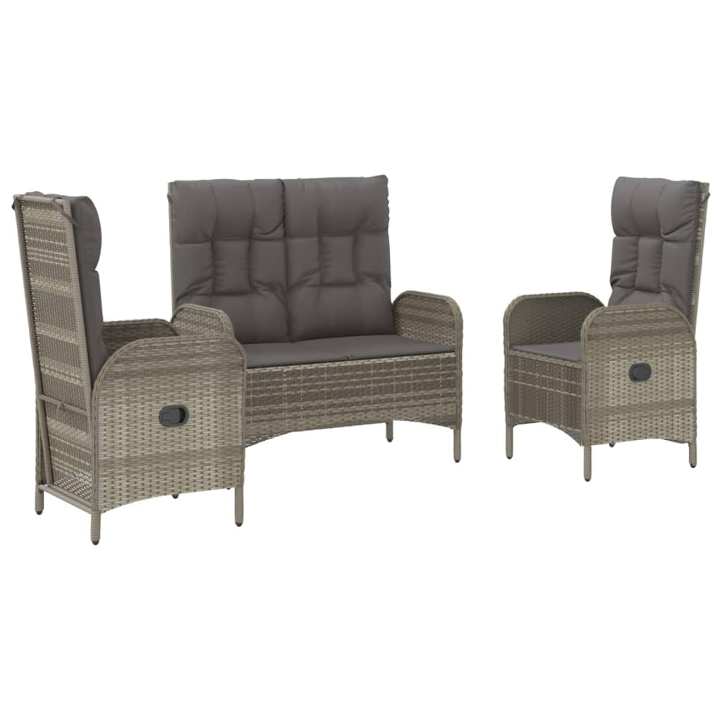 Vidaxl 3-Piece Outdoor Furniture Set - Gray Poly Rattan Patio Dining With Cushions, Reclining Chairs, Tempered Glass Tabletop
