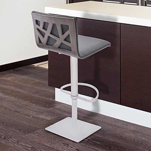 Armen Living Crystal Adjustable Swivel Barstool in Gray Faux Leather with Brushed Stainless Steel Finish and Gray Walnut Veneer 