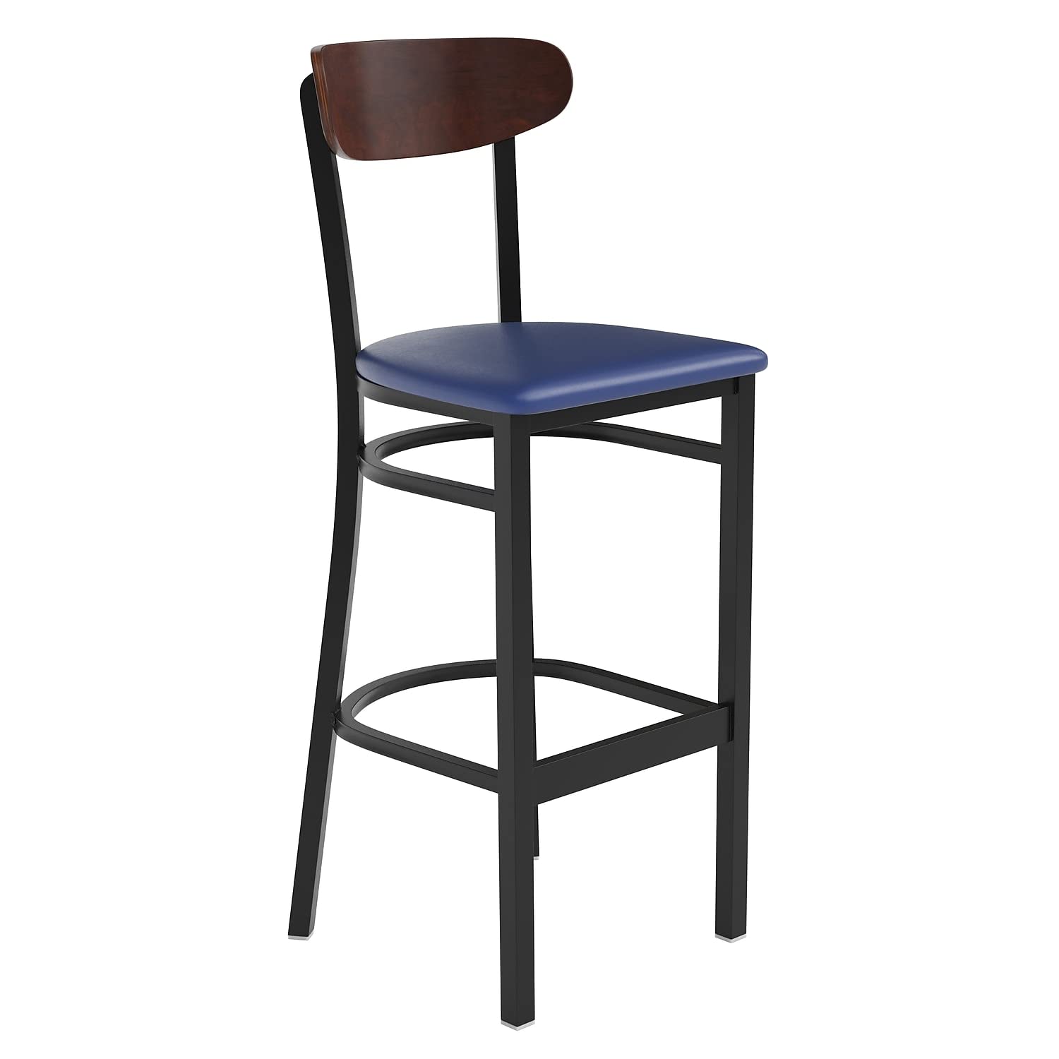 Flash Furniture Wright Commercial Barstool - Walnut Finish Wood Boomerang Back - Blue Vinyl Seat - 500 Lb. Capacity Black Steel Frame - Integrated Footrest
