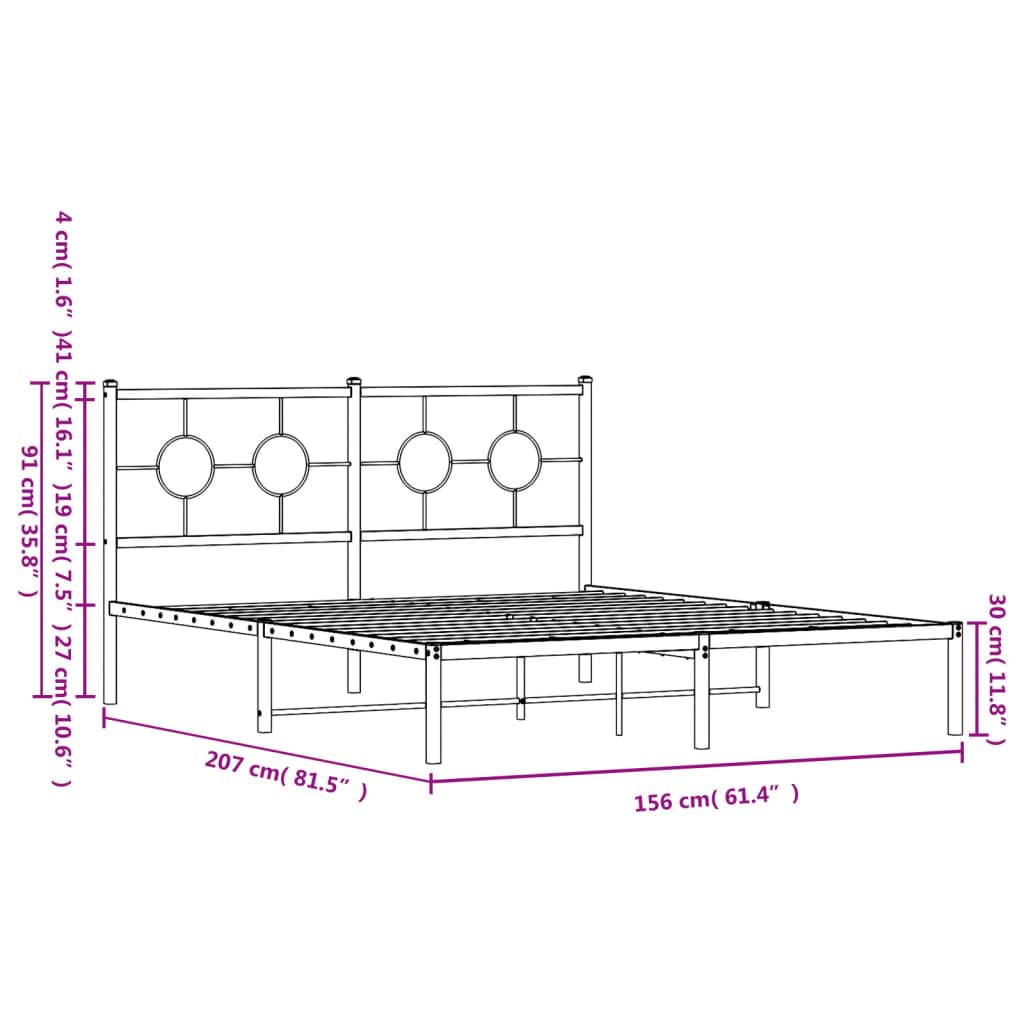 vidaXL White Steel Double Bed Frame with Headboard - Elegant Metal Slats Design (59.1"x78.7") for Modern Bedroom