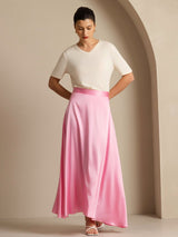 Pink silk A-line maxi skirt with lining, shown with white top