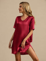 [Dark Red] SilkSilky  Half Sleeve V Neck Nightgown 005