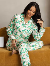 Women's green floral silk pajama set with notch collar and long sleeves