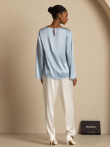 [Grayish Blue] SilkSilky  Long Sleeve Boat Neck Women's Blouse 002