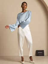 [Grayish Blue] SilkSilky  Long Sleeve Boat Neck Women's Blouse 009