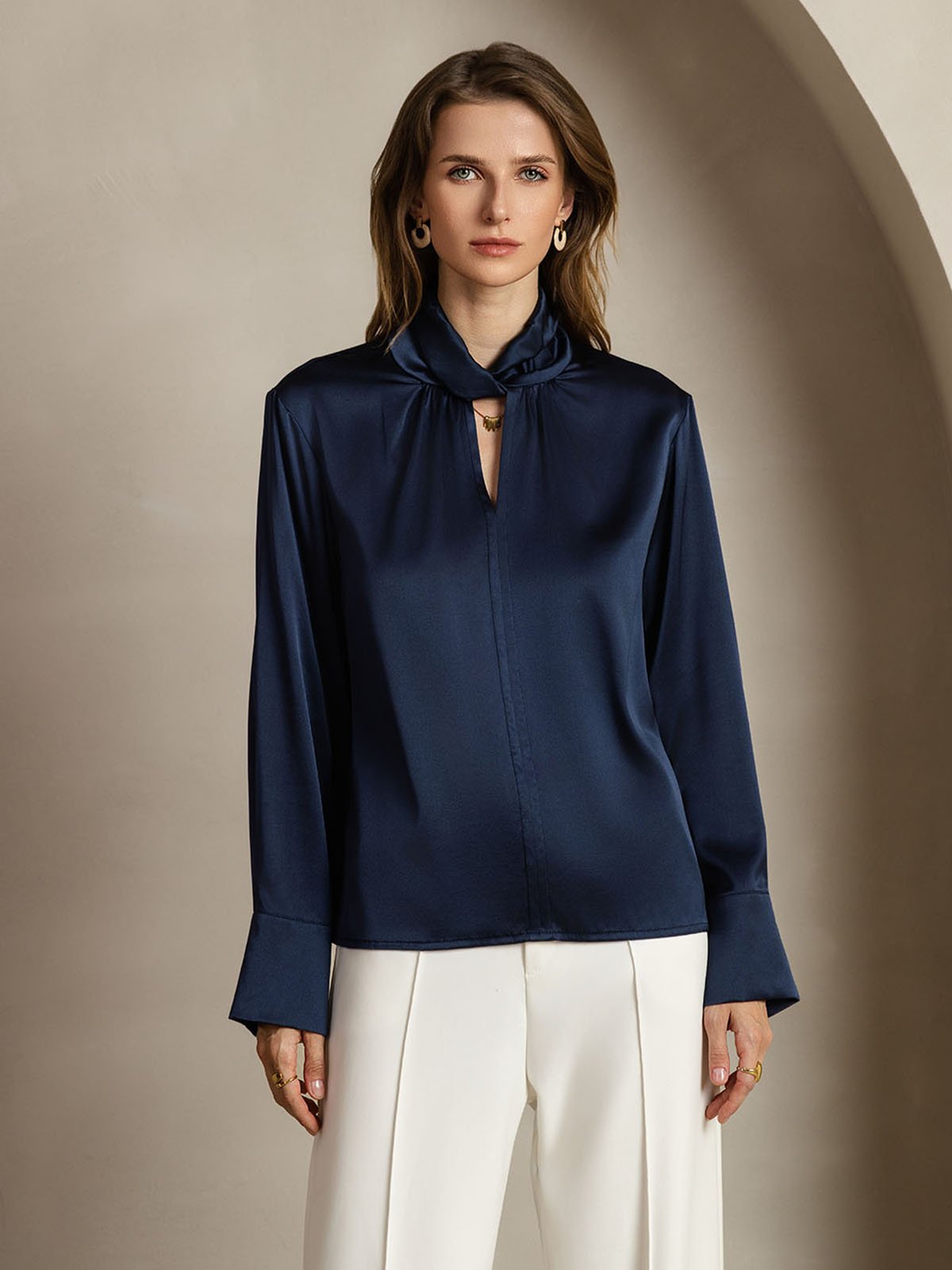 [Dark Blue] SilkSilky  Long Sleeve Keyhole Neck Women's Blouse 001