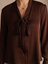 [Bitter Chocolate] SilkSilky  Long Sleeve Tie Neck Women's Blouse 004