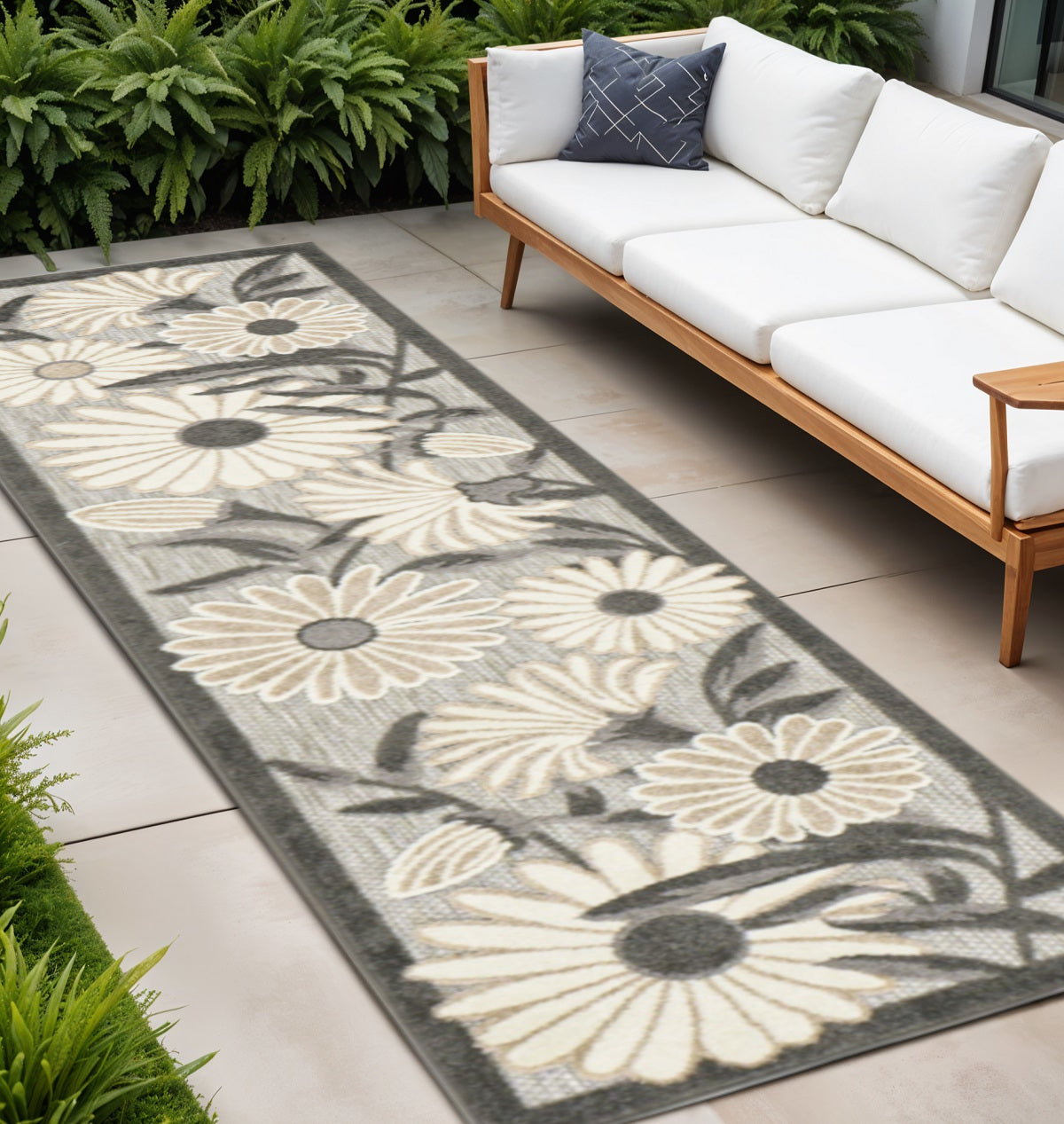 8 Beige And Gray Floral Indoor Outdoor Runner Rug