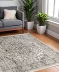 4' Gray and Ivory Square Medallion Power Loom Distressed Area Rug