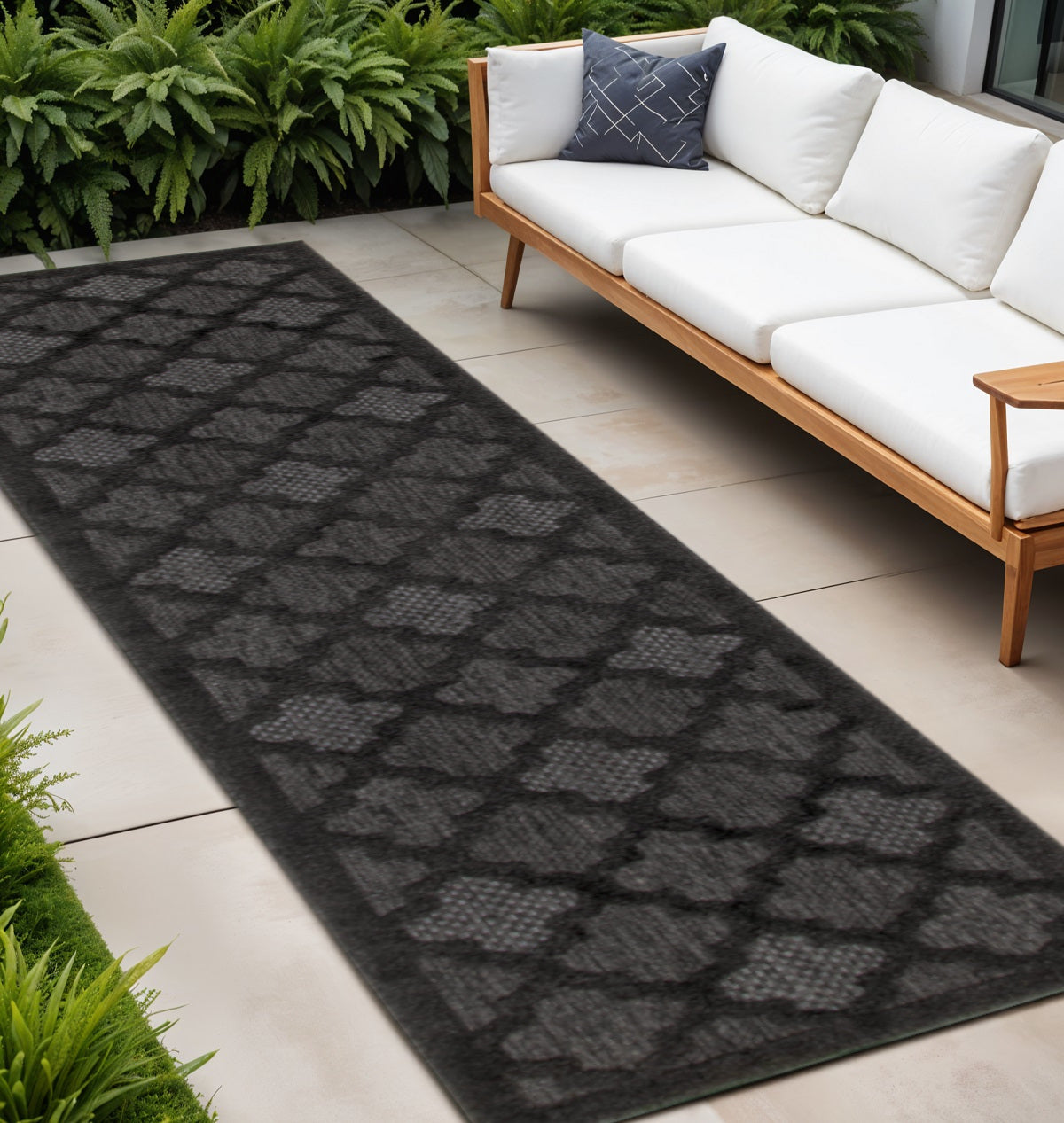 8 Charcoal And Black Trellis Indoor Outdoor Runner Rug