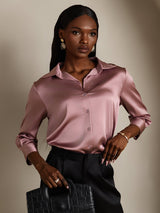 [Pale Mauve] SilkSilky  3/4 Sleeve Lapel Collar Women's Shirts 003