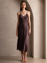 [Coffee] SilkSilky  Spaghetti Strap V Neck Dress 001