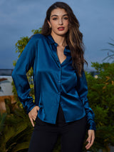 [Teal] SilkSilky  Long Sleeve Lapel Collar Women's Shirts 006