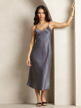 Navy ginkgo print silk midi dress with V-neck and adjustable straps