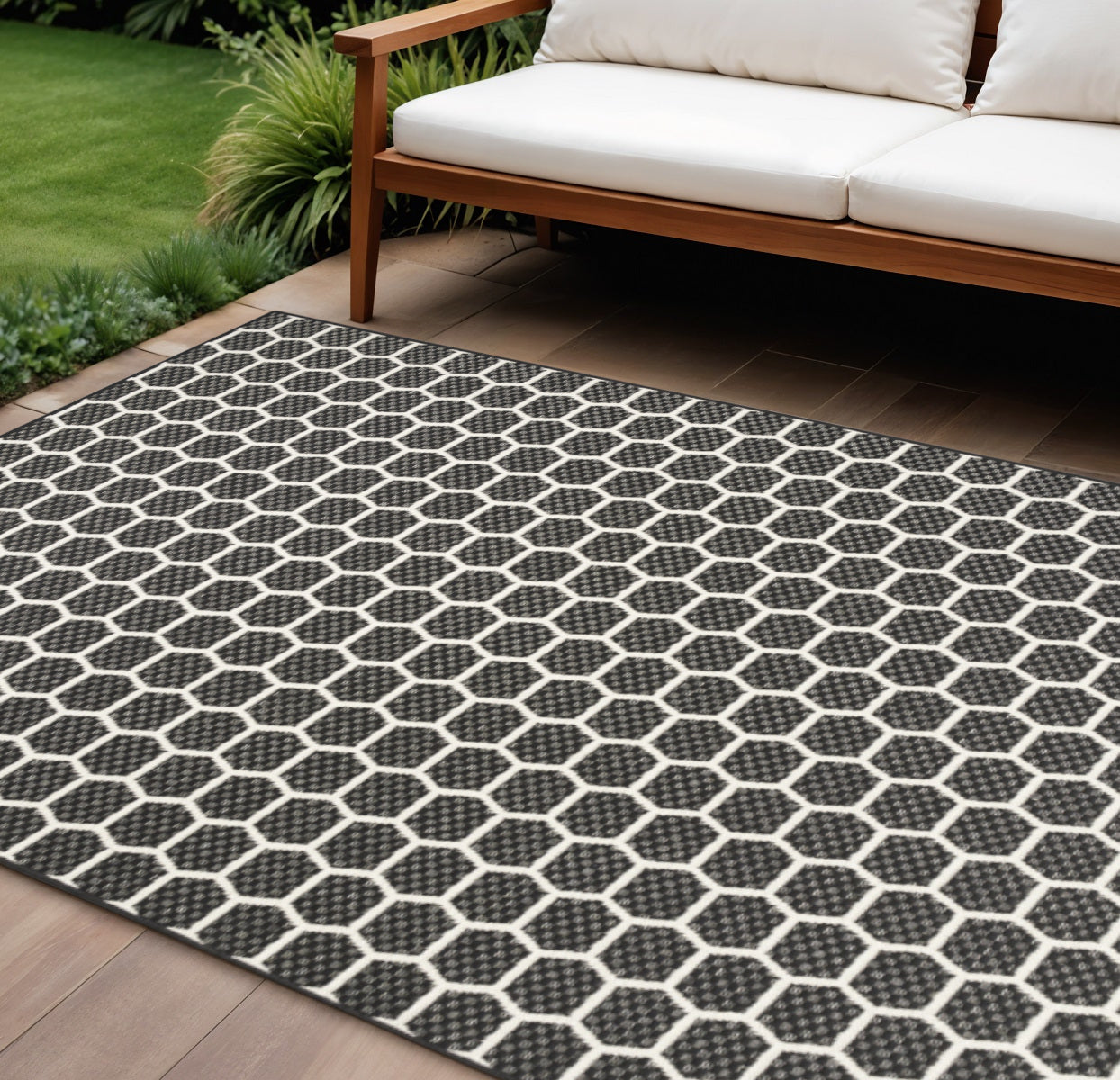9 X 12 Black And Ivory Geometric Indoor Outdoor Area Rug