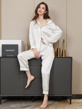 [White] SilkSilky  Long Sleeve Lapel Collar Women's Pajamas 001