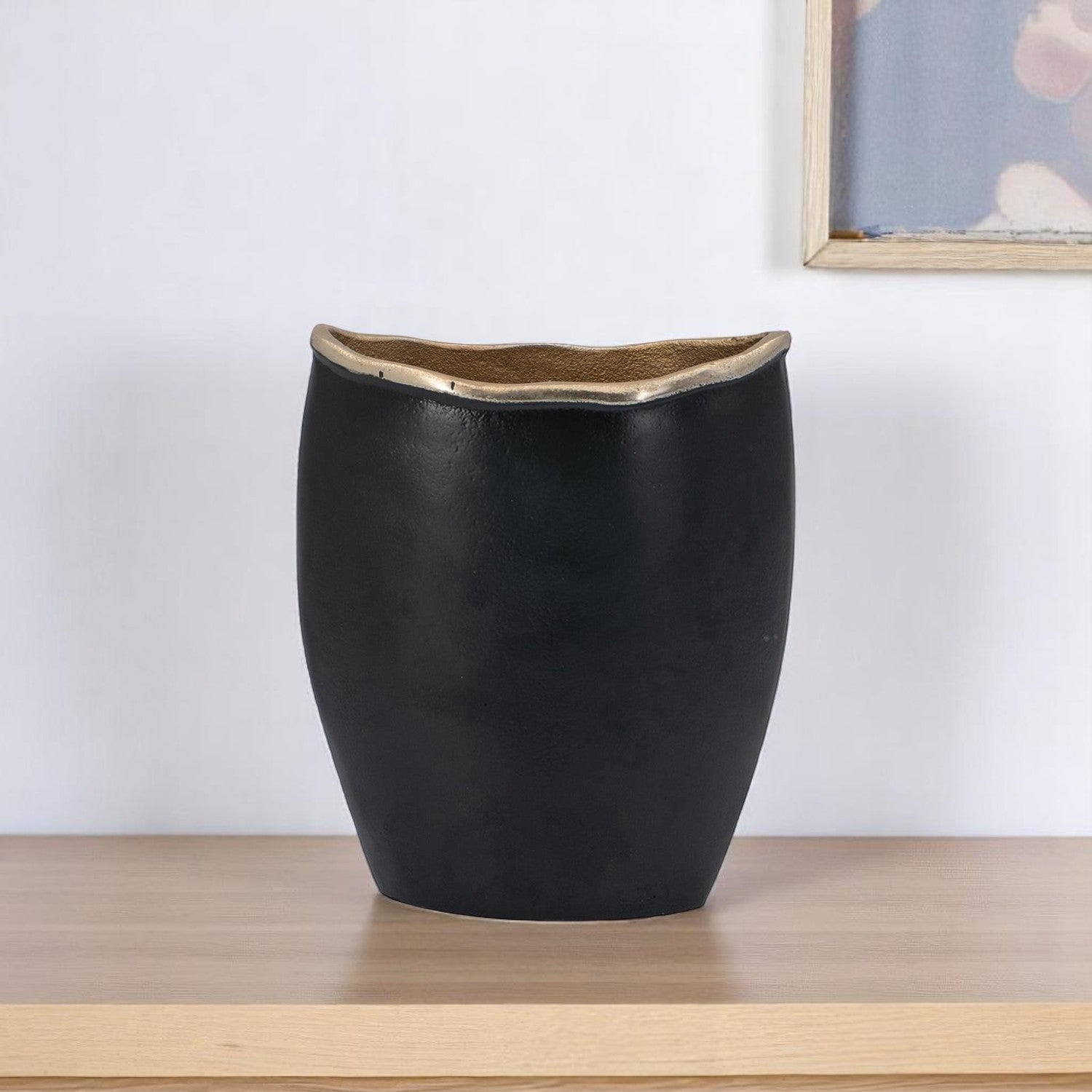 10'' Black And Gold Cast Aluminum Oval Table Vase