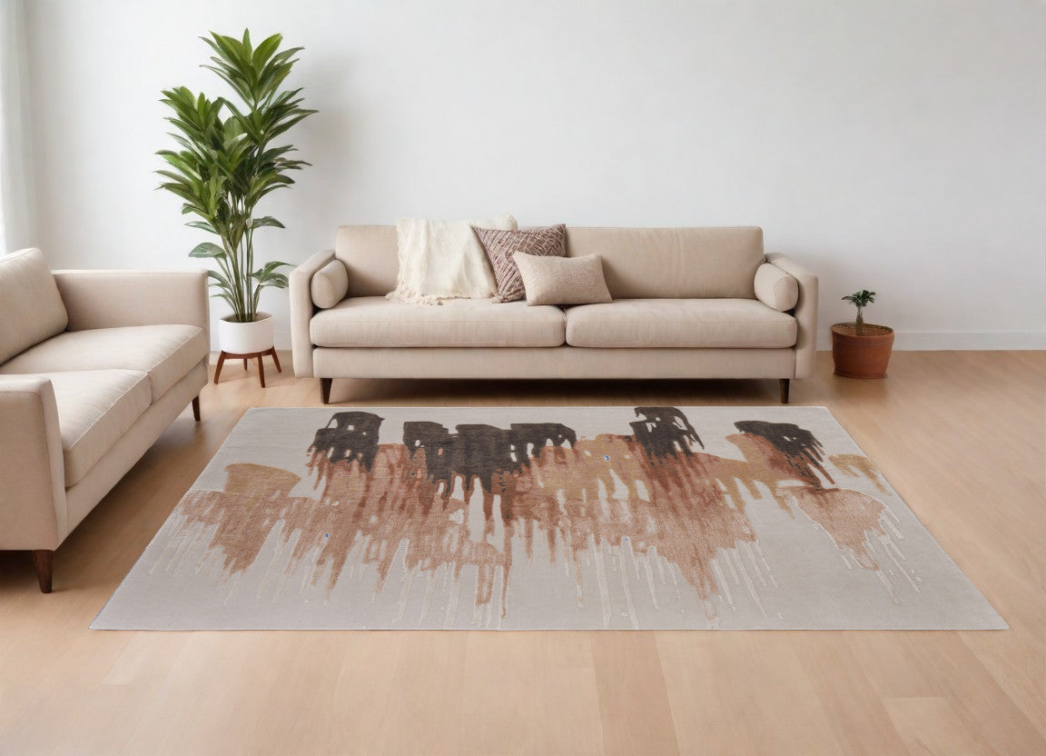 9' X 12' Tan Brown and Orange Abstract Hand Tufted Area Rug