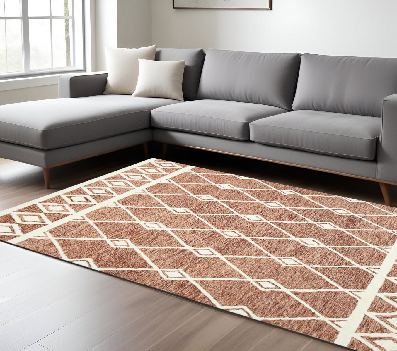 9 X 13 Rust And Ivory Wool Argyle Hand Hooked Area Rug