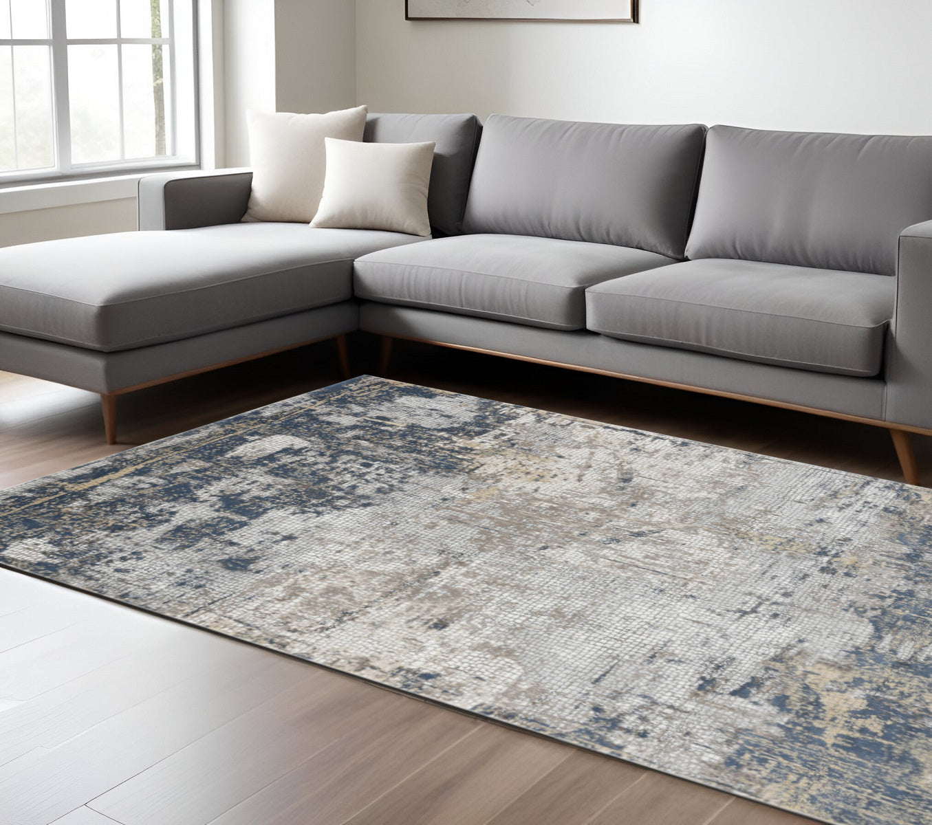 10 X 14 Beige Dark Blue And Gray Abstract Area Rug