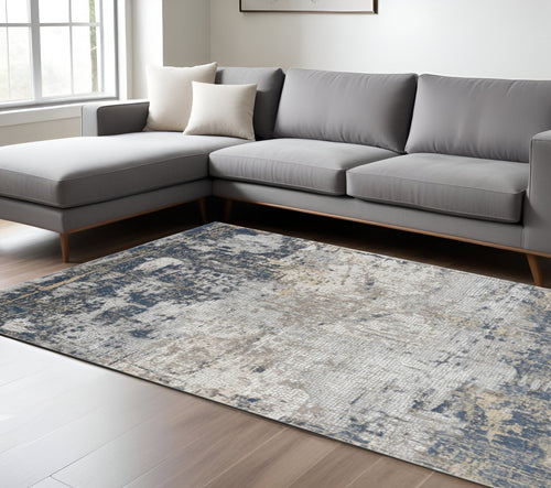 10 X 14 Beige Dark Blue And Gray Abstract Area Rug
