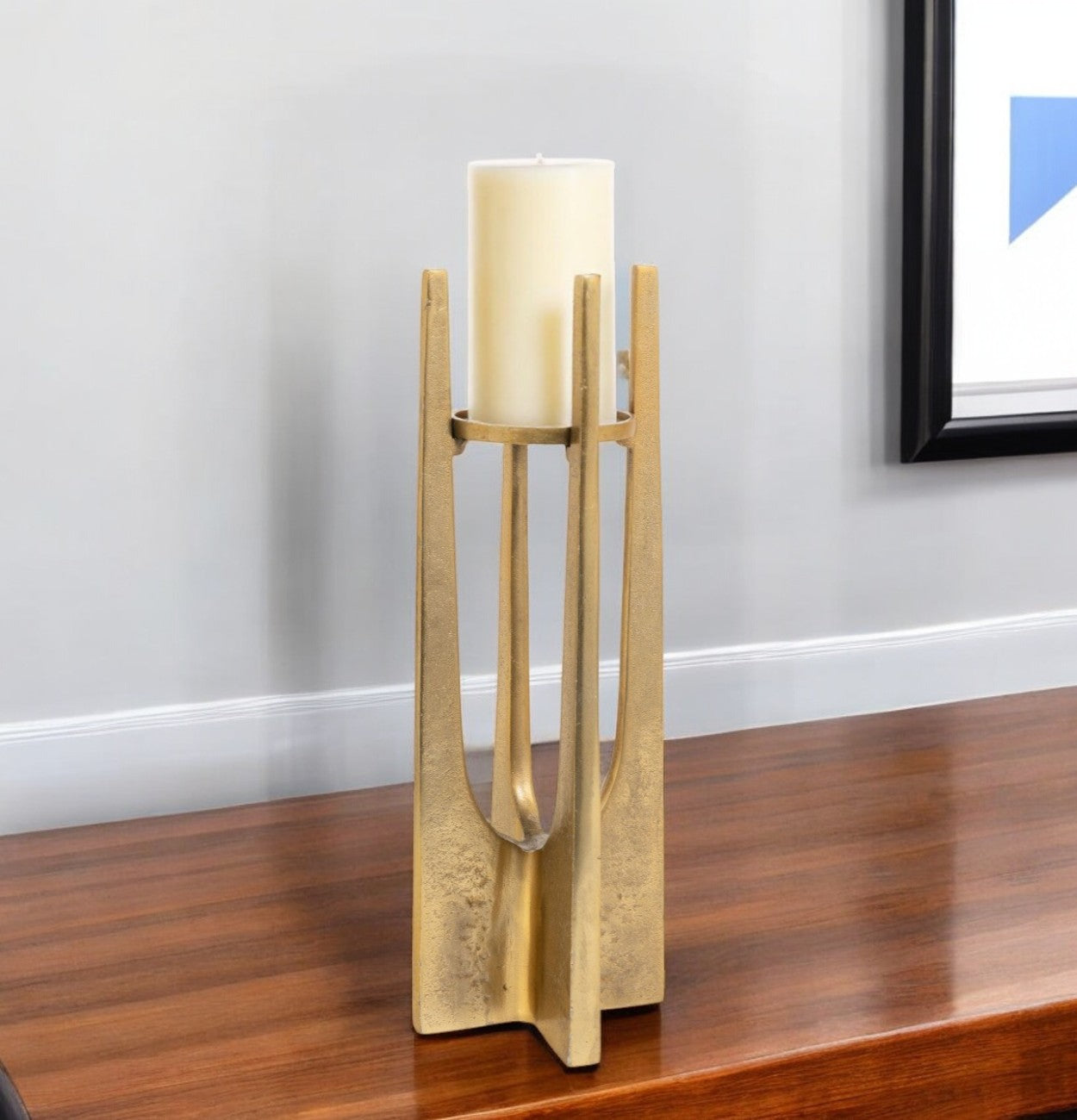 16'' Gold Distressed Aluminum Geometric Tabletop Pillar Candle Holder
