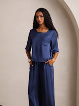[Dark Blue] SilkSilky  Half Sleeve Round Neck Women's Pajamas 003