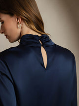 [Dark Blue] SilkSilky  Long Sleeve Keyhole Neck Women's Blouse 004